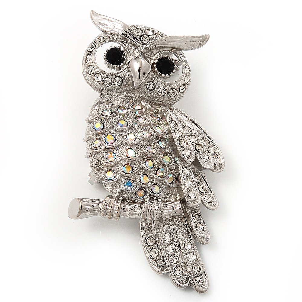 Amazon.com: Sparkling AB Crystal Owl Brooch (Silver Tone Metal